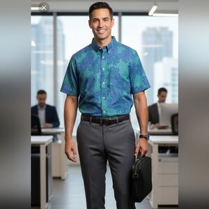 Reyn Spooner Aloha Shirt Men' L Green  Floral Short Sleeve Hawaiian Button Front